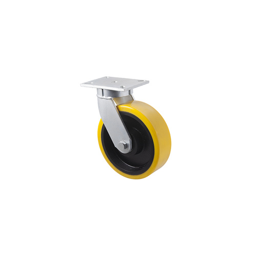 2000kg Rated Industrial Cast Iron Castor - Polyurethane on Cast Iron Wheel - 254mm - Plate Swivel - Ball Bearing