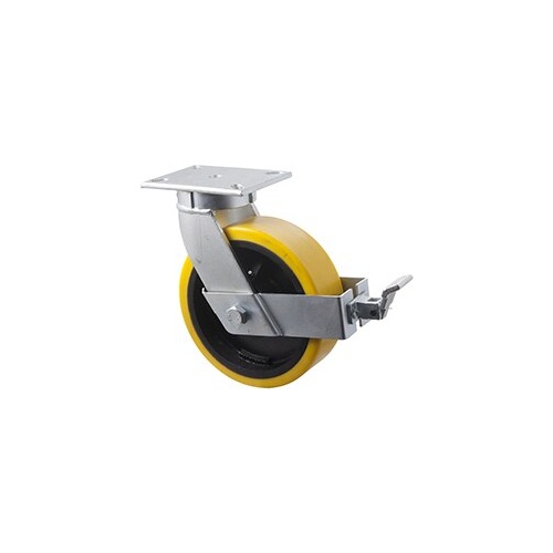 2000kg Rated Industrial Cast Iron Castor - Polyurethane on Cast Iron Wheel - 254mm - Plate Brake - Ball Bearing