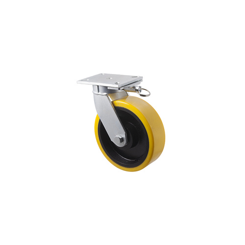 2000kg Rated Industrial Cast Iron Castor - Polyurethane on Cast Iron Wheel - 254mm - Plate Direction Lock - Ball Bearing