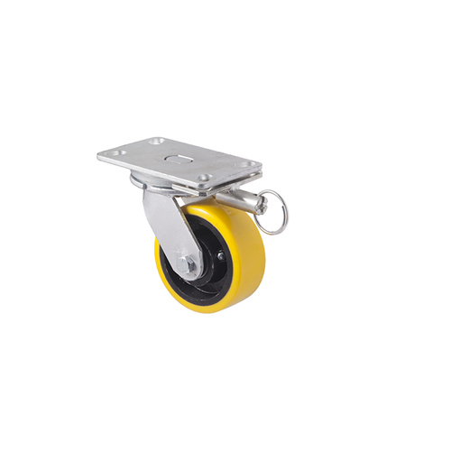 800kg Rated Industrial Cast Iron Castor - Polyurethane on Cast Iron Wheel - 127mm - Plate Direction Lock - Ball Bearing