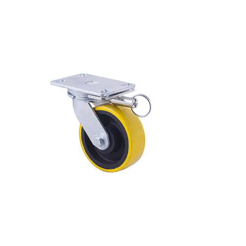 1000kg Rated Industrial Cast Iron Castor - Polyurethane on Cast Iron Wheel - 152mm - Plate Direction Lock - Ball Bearing