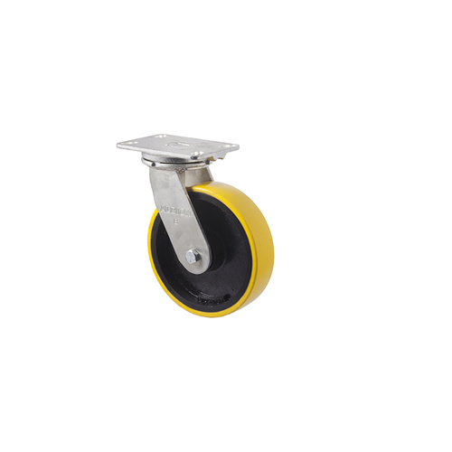 1000kg Rated Industrial Cast Iron Castor - Polyurethane on Cast Iron Wheel - 203mm - Plate Swivel - Ball Bearing