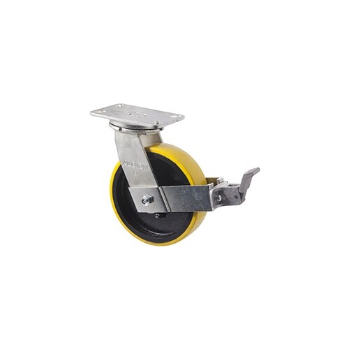 1000kg Rated Industrial Cast Iron Castor - Polyurethane on Cast Iron Wheel - 203mm - Plate Brake - Ball Bearing