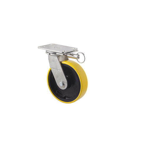1000kg Rated Industrial Cast Iron Castor - Polyurethane on Cast Iron Wheel - 203mm - Plate Direction Lock - Ball Bearing