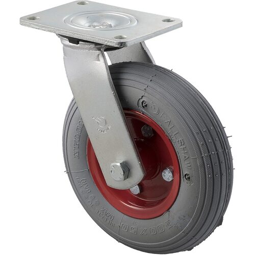 50kg Rated Industrial Polyrethane Tyres - 200mm - Semi Pneumatic Wheel - Plate Swivel - NA