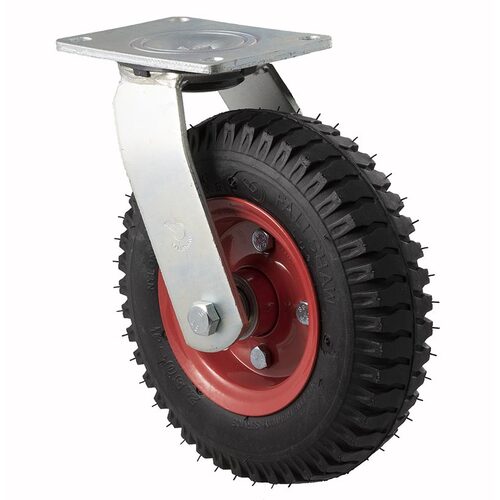 220kg Rated Industrial Castor - 400mm - Steel Centred Rubber Tube Wheel - Plate Swivel - NA