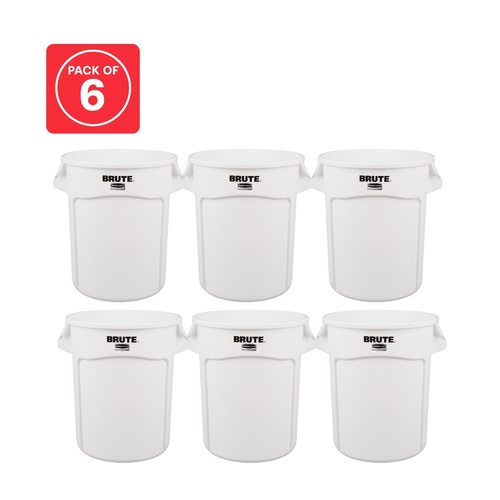 6 Pack BRUTE 75.7L (20 Gal) Vented Round Container - White