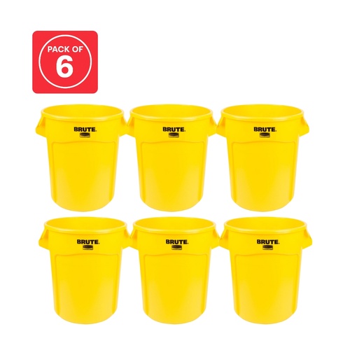 6 Pack BRUTE 75.7L (20 Gal) Vented Round Container - Yellow