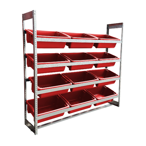 4 Shelves Bin Action Rack With 12 Red Plastic Bins (32L)