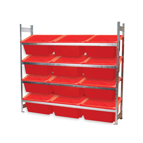 4 Shelves Bin Action Rack With 12 Red Plastic Bins (52L)