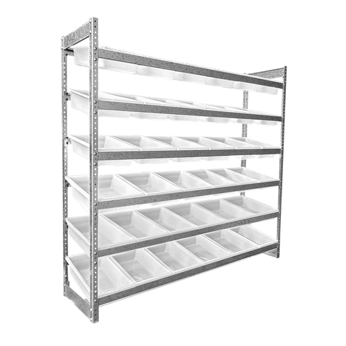 6 Shelves Bin Action Rack With 36 White Plastic Bins (13.5L)