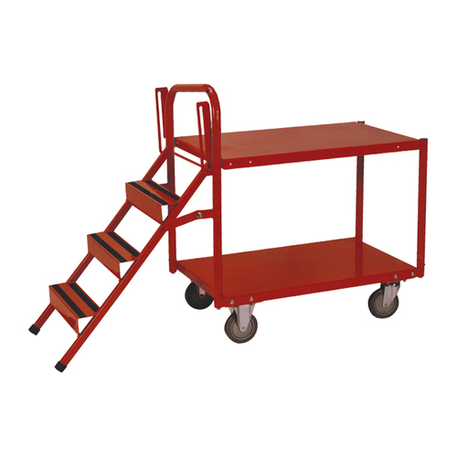 200kg Rated 2 Tier Platform Order Picking Trolley With Folding Ladder - 3 Step - 810 x 510mm 