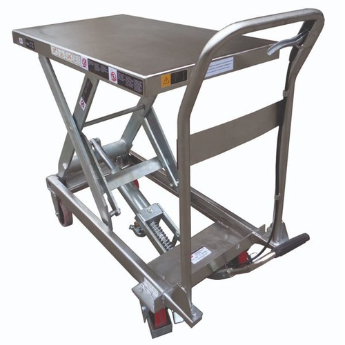 450kg Rated Manual Scissor Lift Trolley - 890mm Lift - Stainless Steel Top - Galvanised Scissor and Pump