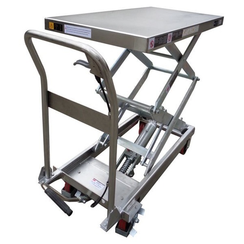100kg Rated Manual Scissor Lift Trolley - 1220mm Lift - Stainless Steel Top - Galvanised Scissor and Pump