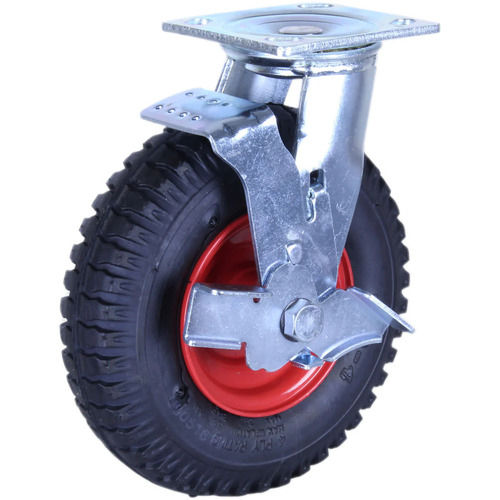 120kg Rated Black Rubber Pneumatic Castors - 220x60mm - Swivel Plate With Brake
